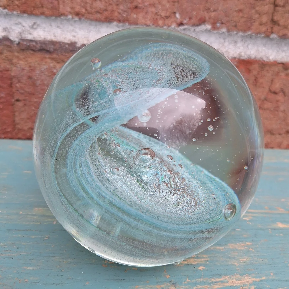 Bubble Glass Paper Weight Hand Made Blown Magic Teal Aqua Green Tinted Pearl - Picture 9 of 16